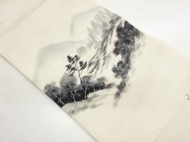 作家物　塩瀬金彩手描き遠山に木々・家屋模様名古屋帯